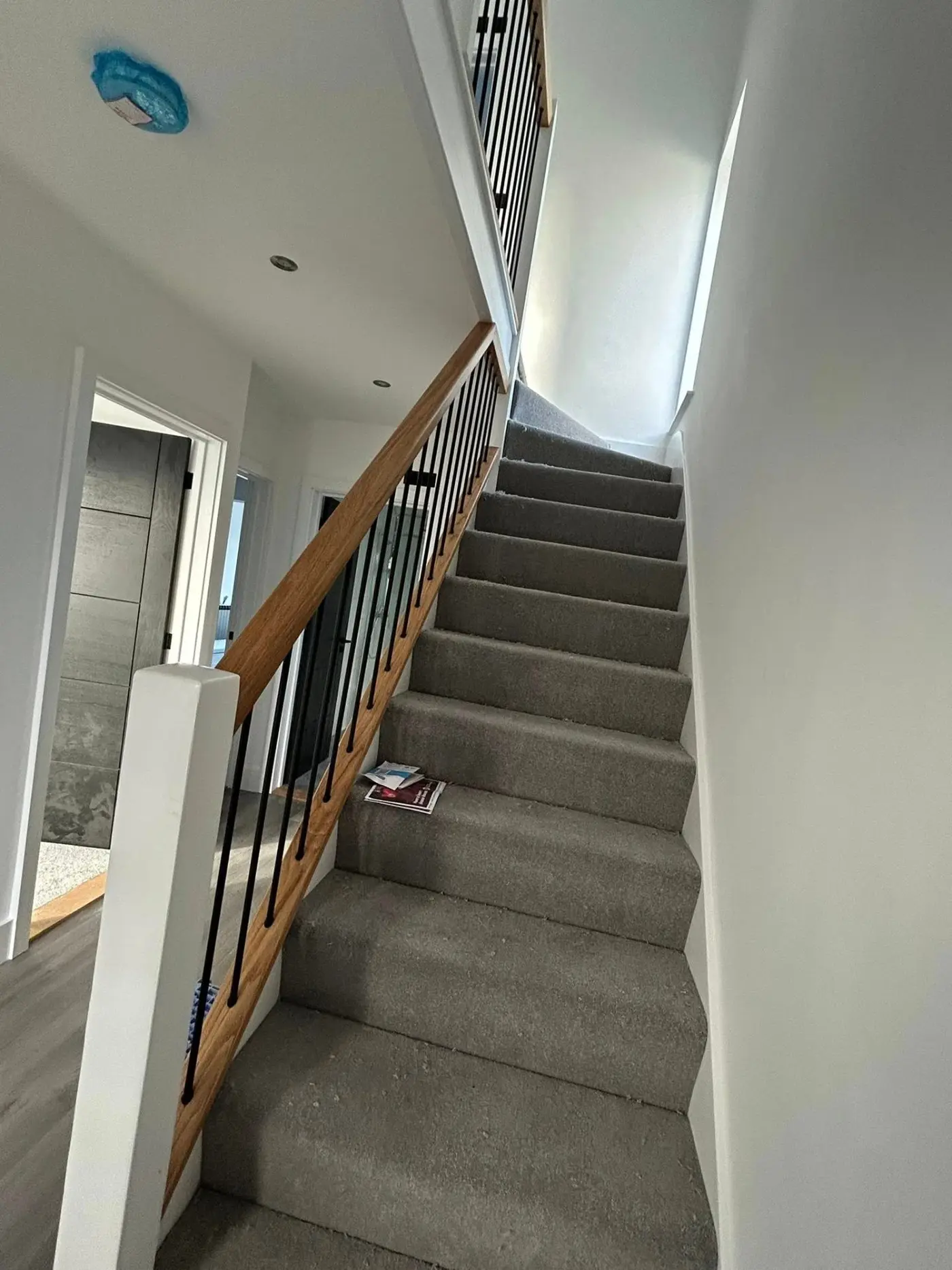 Carpeted staircase with oak handrail and painted stringer