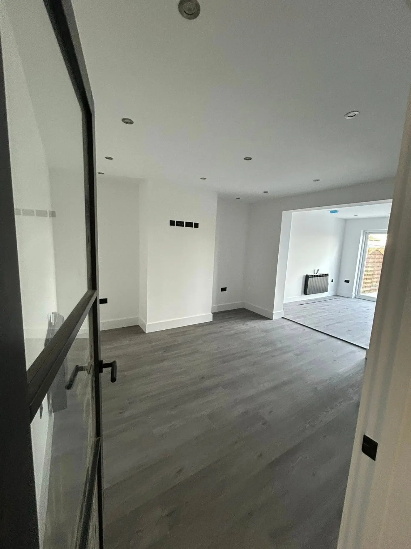 Open-plan living area through glass door with wood flooring