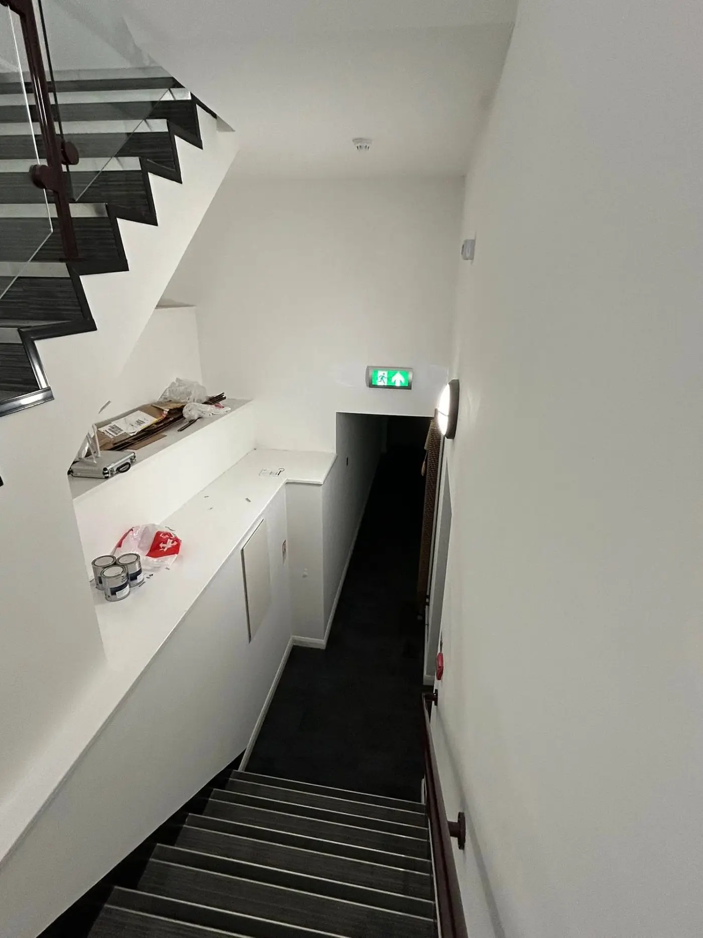 Stairwell with freshly painted white walls
